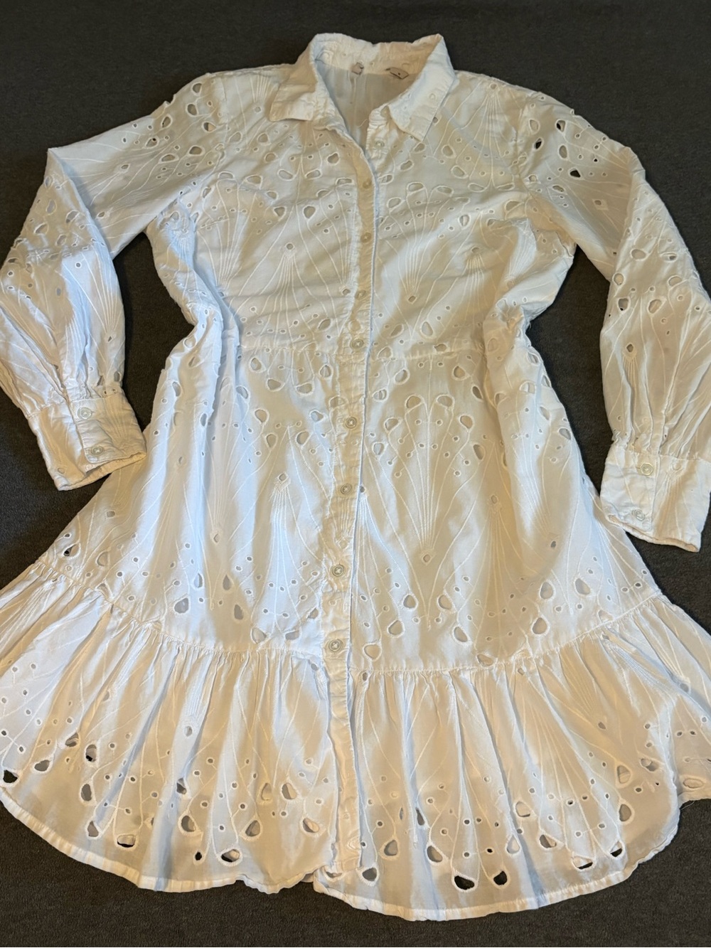 Women's White Eyelet Long-Sleeve Shirt Dress Size 10